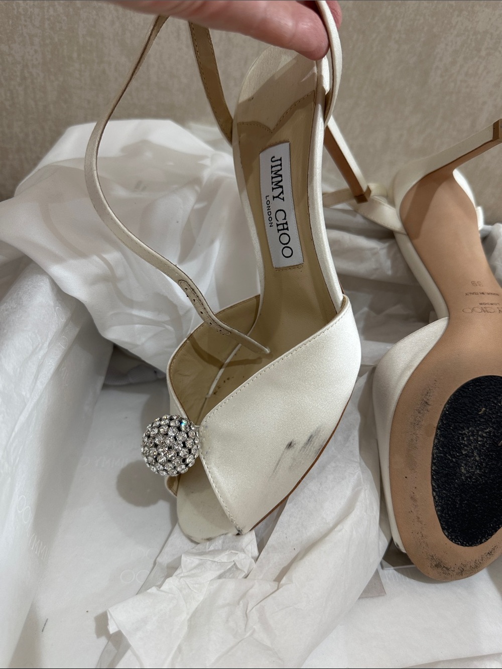 Jimmy Choo Ivory Crystal Satin Pointed-Toe Heels - Picture 7 of 12